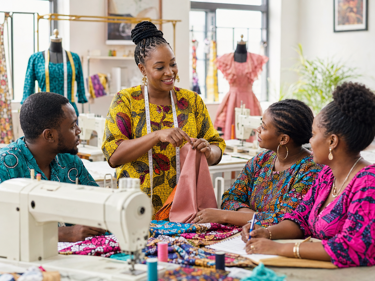 A fashion educator guiding adult designers in a colourful sewing studio